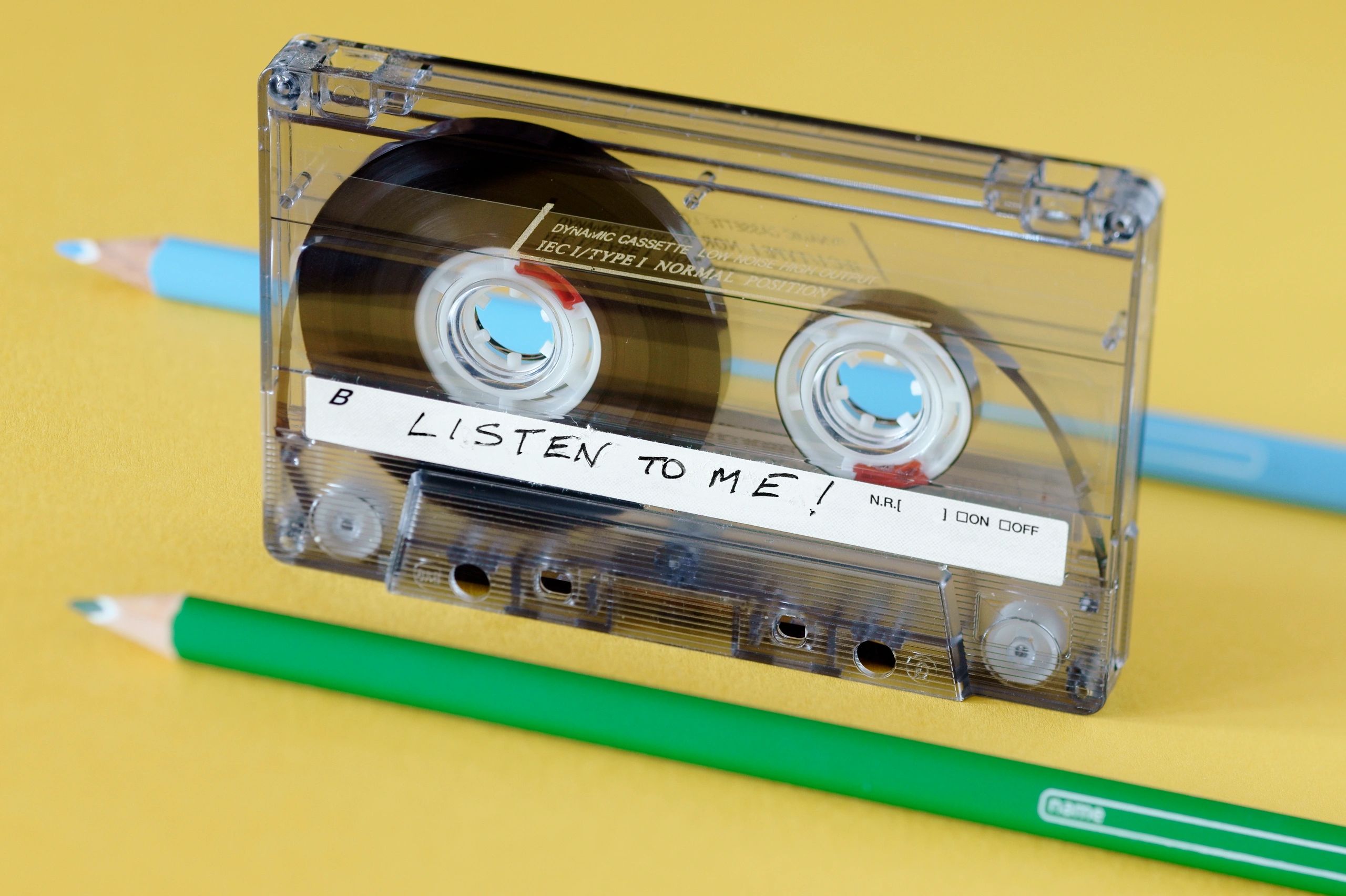 Audiocassette with pencils used to rewind