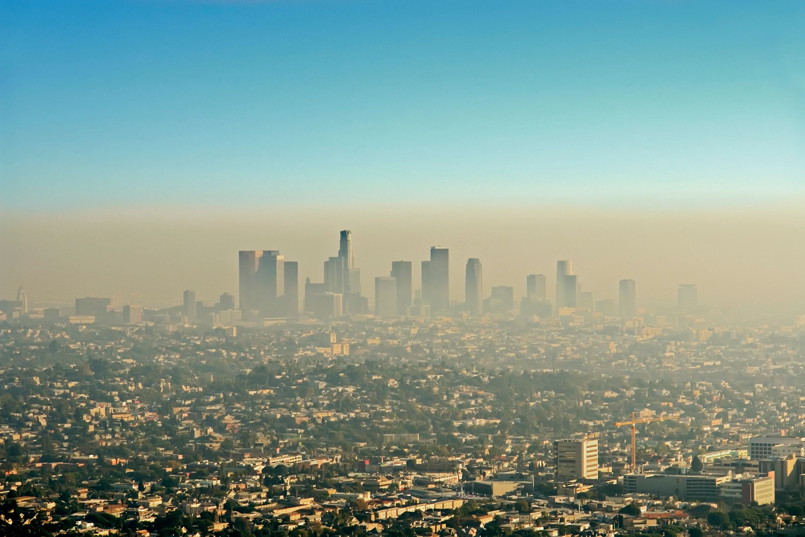Downtown Los Angeles skyline in smog